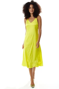 Women's Midi Dress in Yellow Satin with Spaghetti Straps and Deep V Neck - Liquorish