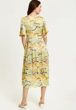 Women's Midi Dress in Yellow with Kimono Sleeves and Abstract Zebra Print - Liquorish