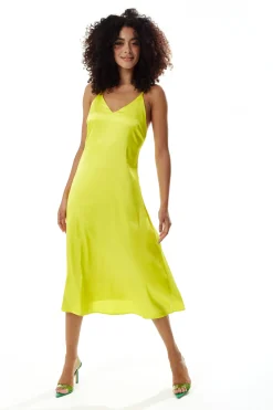 Women's Midi Dress in Yellow Satin with Spaghetti Straps and Deep V Neck - Liquorish