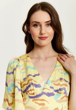 Women's Midi Dress in Yellow with Kimono Sleeves and Abstract Zebra Print - Liquorish