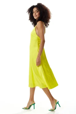 Women's Midi Dress in Yellow Satin with Spaghetti Straps and Deep V Neck - Liquorish