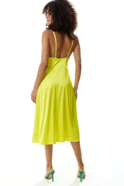Women's Midi Dress in Yellow Satin with Spaghetti Straps and Deep V Neck - Liquorish