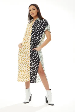 Women’s Midi Dress, Oversized Animal Print with Green Collar, Button-Up Front, Short Sleeves