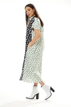 Women’s Midi Dress, Oversized Animal Print with Green Collar, Button-Up Front, Short Sleeves
