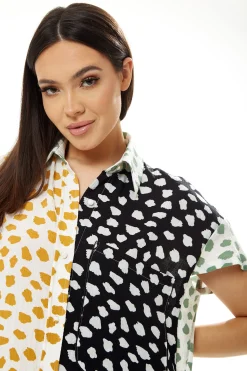 Women’s Midi Dress, Oversized Animal Print with Green Collar, Button-Up Front, Short Sleeves