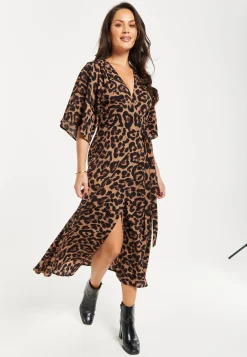 Women's Midi Dress, Short Sleeves, Leopard Print, Elegant Design