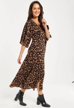 Women's Midi Dress, Short Sleeves, Leopard Print, Elegant Design