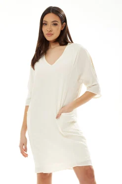 Women's Midi Dress with 3/4 Sleeves and Pockets in White - Effortless Style by Liquorish