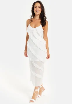 Women's Midi Dress with Adjustable Sleeves in White - Elegant Frill Design by Liquorish