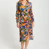 Women's Midi Dress with Adjustable Long Sleeves in Olive - Abstract Leaf Print Design by Liquorish