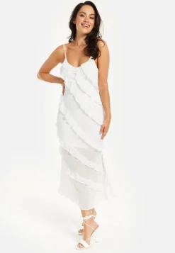 Women's Midi Dress with Adjustable Sleeves in White - Elegant Frill Design by Liquorish