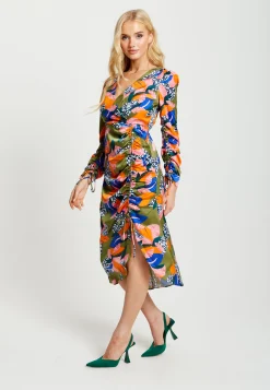 Women's Midi Dress with Adjustable Long Sleeves in Olive - Abstract Leaf Print Design by Liquorish
