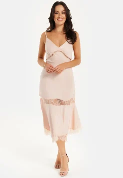 Women’s Midi Dress with Adjustable Straps in Nude - Fine Lace Detail, Sleeveless Style by Liquorish