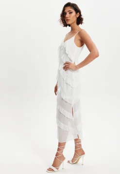 Women's Midi Dress with Adjustable Sleeves in White - Elegant Frill Design by Liquorish