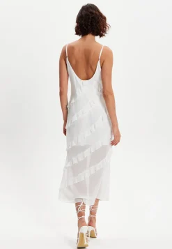 Women's Midi Dress with Adjustable Sleeves in White - Elegant Frill Design by Liquorish