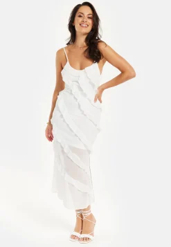 Women's Midi Dress with Adjustable Sleeves in White - Elegant Frill Design by Liquorish