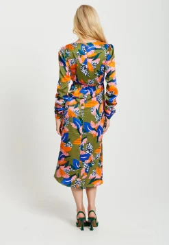 Women's Midi Dress with Adjustable Long Sleeves in Olive - Abstract Leaf Print Design by Liquorish