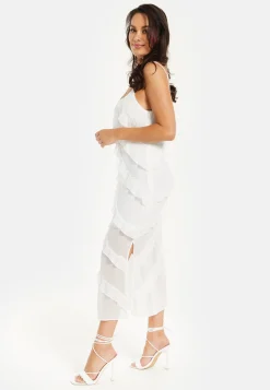 Women's Midi Dress with Adjustable Sleeves in White - Elegant Frill Design by Liquorish