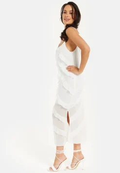 Women's Midi Dress with Adjustable Sleeves in White - Elegant Frill Design by Liquorish