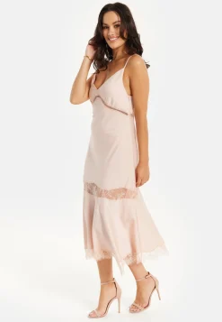 Women’s Midi Dress with Adjustable Straps in Nude - Fine Lace Detail, Sleeveless Style by Liquorish