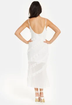 Women's Midi Dress with Adjustable Sleeves in White - Elegant Frill Design by Liquorish