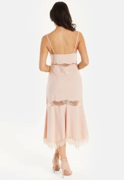 Women’s Midi Dress with Adjustable Straps in Nude - Fine Lace Detail, Sleeveless Style by Liquorish