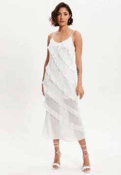 Women's Midi Dress with Adjustable Sleeves in White - Elegant Frill Design by Liquorish
