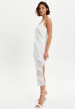 Women's Midi Dress with Adjustable Sleeves in White - Elegant Frill Design by Liquorish