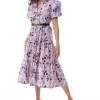 Women's Midi Dress with Balloon Sleeves in Lilac - Floral Print Button Up Style by Liquorish