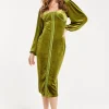 Women’s Midi Dress with Balloon Sleeves in Luxurious Velvet - Elegant Corset Detail by Liquorish