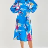 Women's Midi Dress with Balloon Sleeves in Blue Floral Satin - Stylish Cut Out Back by Liquorish