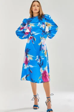 Women's Midi Dress with Balloon Sleeves in Blue Floral Satin - Stylish Cut Out Back by Liquorish