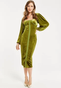 Women’s Midi Dress with Balloon Sleeves in Luxurious Velvet - Elegant Corset Detail by Liquorish
