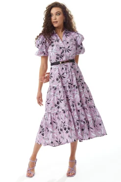 Women's Midi Dress with Balloon Sleeves in Lilac - Floral Print Button Up Style by Liquorish