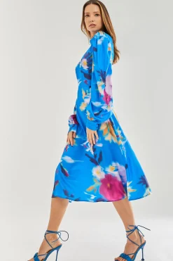 Women's Midi Dress with Balloon Sleeves in Blue Floral Satin - Stylish Cut Out Back by Liquorish