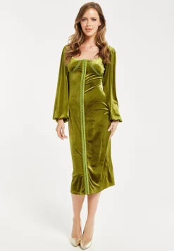 Women’s Midi Dress with Balloon Sleeves in Luxurious Velvet - Elegant Corset Detail by Liquorish