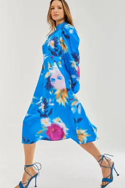 Women's Midi Dress with Balloon Sleeves in Blue Floral Satin - Stylish Cut Out Back by Liquorish