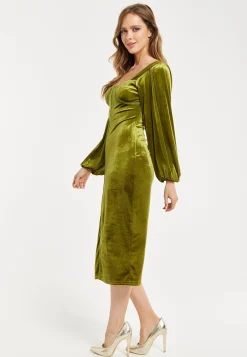 Women’s Midi Dress with Balloon Sleeves in Luxurious Velvet - Elegant Corset Detail by Liquorish