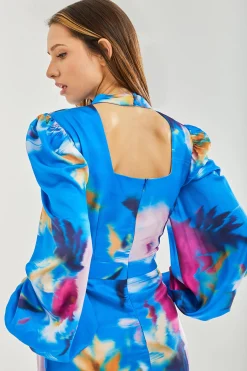 Women's Midi Dress with Balloon Sleeves in Blue Floral Satin - Stylish Cut Out Back by Liquorish