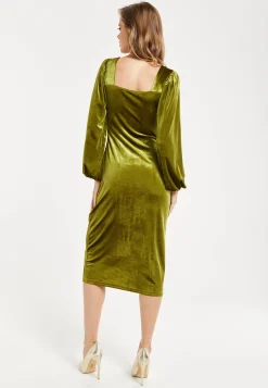 Women’s Midi Dress with Balloon Sleeves in Luxurious Velvet - Elegant Corset Detail by Liquorish