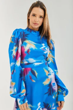 Women's Midi Dress with Balloon Sleeves in Blue Floral Satin - Stylish Cut Out Back by Liquorish