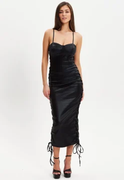 Women’s Midi Dress with Corseted Style, Metallic Foil Finish, Eyelet Accents, Bodycon Fit in Black Lycra