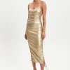 Women’s Midi Dress with Corset Style, Metallic Foil Gold Lycra, Eyelet Details, Bodycon Fit