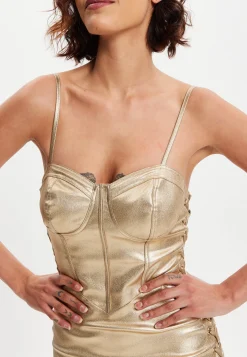 Women’s Midi Dress with Corset Style, Metallic Foil Gold Lycra, Eyelet Details, Bodycon Fit