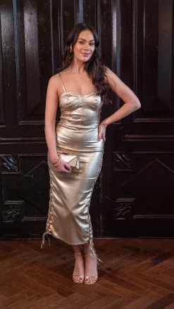 Women’s Midi Dress with Corset Style, Metallic Foil Gold Lycra, Eyelet Details, Bodycon Fit