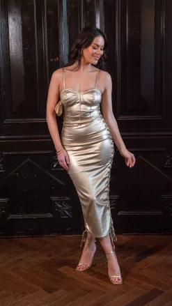 Women’s Midi Dress with Corset Style, Metallic Foil Gold Lycra, Eyelet Details, Bodycon Fit