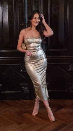 Women’s Midi Dress with Corset Style, Metallic Foil Gold Lycra, Eyelet Details, Bodycon Fit