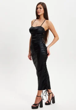 Women’s Midi Dress with Corseted Style, Metallic Foil Finish, Eyelet Accents, Bodycon Fit in Black Lycra
