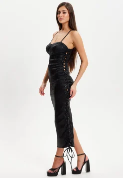 Women’s Midi Dress with Corseted Style, Metallic Foil Finish, Eyelet Accents, Bodycon Fit in Black Lycra