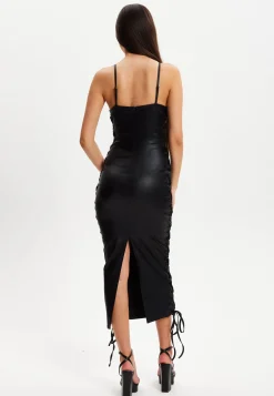 Women’s Midi Dress with Corseted Style, Metallic Foil Finish, Eyelet Accents, Bodycon Fit in Black Lycra